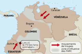 Carte montrant les mouvements de troupes et zone d'influence des FARC